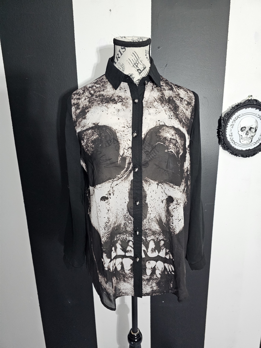 Iron Fist Chiffon Black and White Skull Button-Up Shirt